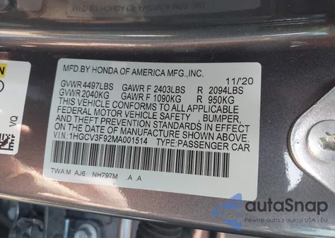 2021 Honda Accord Hybrid Touring из США, поврежденный, VIN 1HGCV3F92MA001514